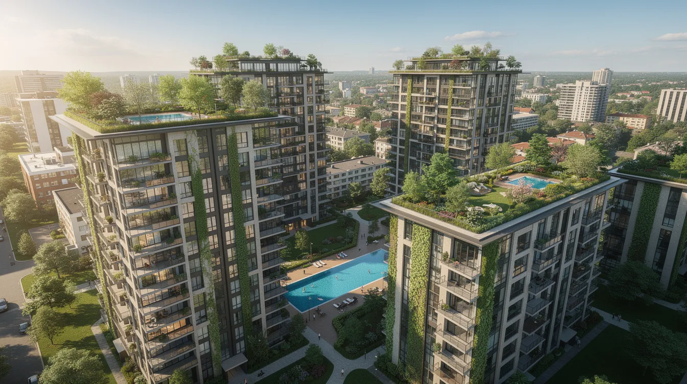 The image depicts modern residential towers nestled within lush greenery, showcasing rooftop gardens and swimming pools situated between the buildings. This vibrant urban living space, likely part of the Parktown Residence development in Tampines, emphasizes a harmonious blend of nature and contemporary architecture.