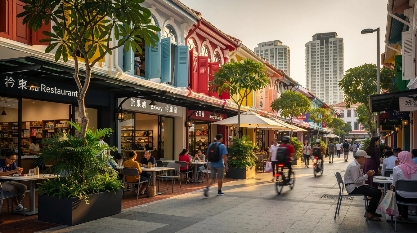 The image depicts a vibrant ground-level view of a mixed-use retail street in Singapore, bustling with pedestrians and outdoor dining spaces, showcasing a lifestyle hub that integrates commercial and residential components. This lively scene highlights the strategic development of the central business district, emphasizing the appeal of city fringe locations for retail and residential properties.
