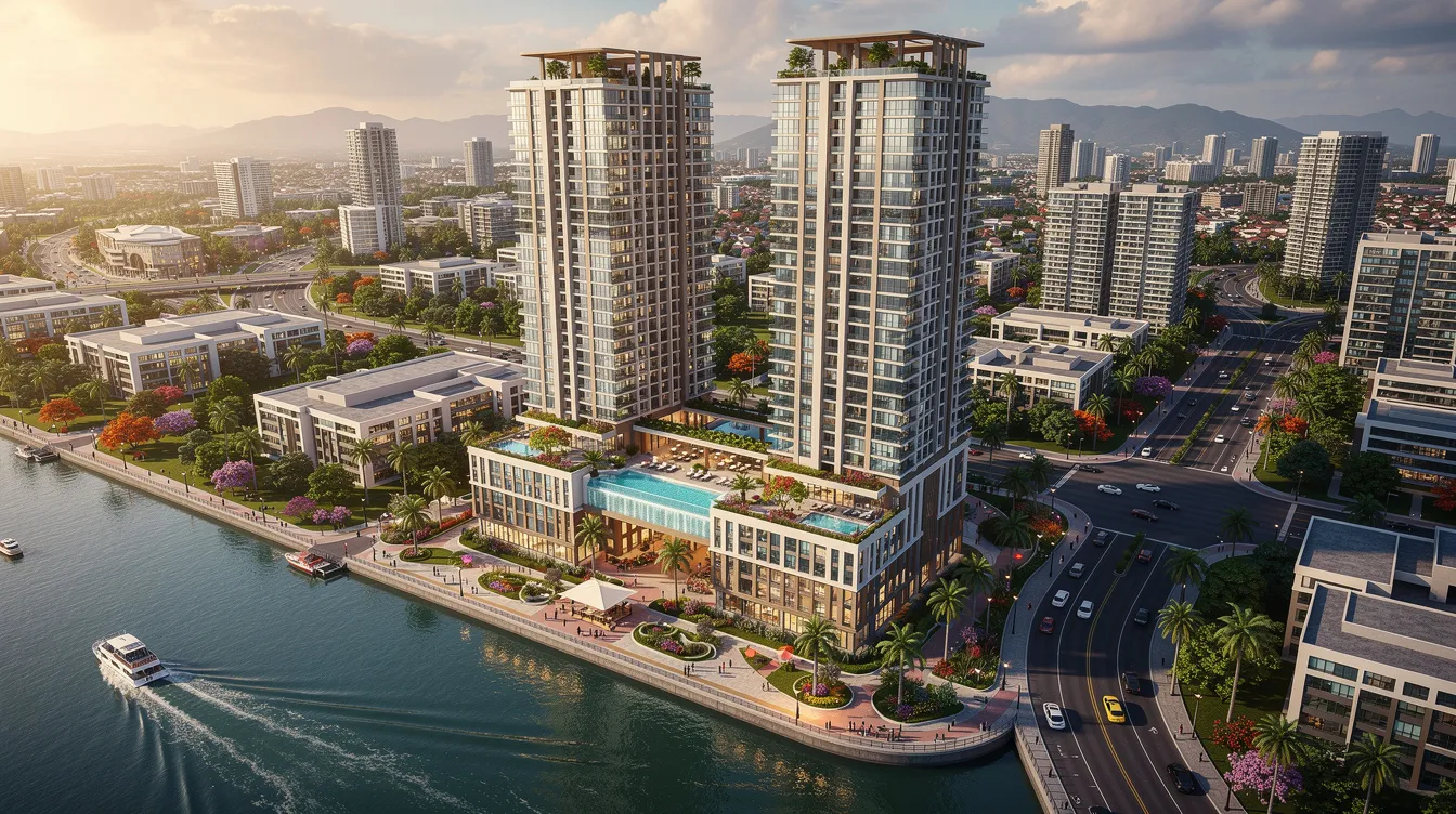 An aerial view showcases a modern twin-tower residential development, Zyon Grand, situated along the Singapore River in a tropical city. The design emphasizes luxury living and connectivity, with direct access to the central business district and nearby amenities like the Havelock MRT station and River Valley Primary School.