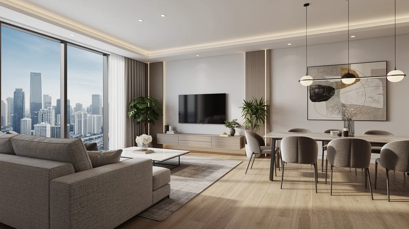 The image depicts the interior of a modern condominium showflat featuring an open living and dining area with large windows that offer stunning city views. This stylish space is designed to showcase the potential of private residential projects like Tengah Garden Residences, highlighting its appeal to prospective buyers in the Jurong Lake District.