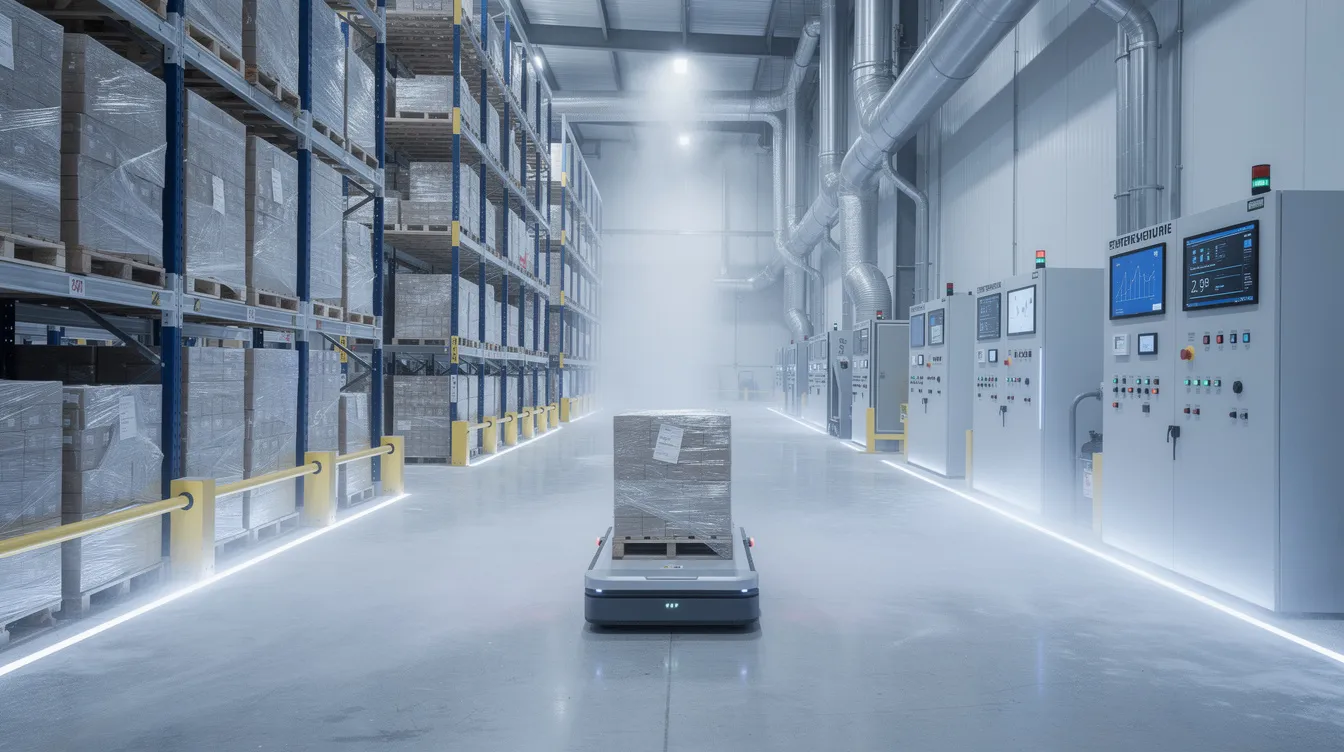 The image depicts a modern cold storage warehouse interior featuring automated racking systems and advanced temperature control panels, highlighting the strategic importance of industrial properties in the supply chain. This efficient setup reflects the growing demand for high-quality assets in the industrial sector, ensuring food security and effective management of inventory.