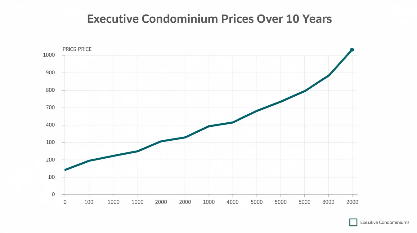 The image depicts a chart illustrating the upward price trend of executive condominiums over a decade, highlighting the increasing value of properties like Coastal Cabana EC in Pasir Ris. This trend reflects the growing interest from buyers, including first timers and HDB upgraders, in the vibrant coastal living and lifestyle offerings of the area.