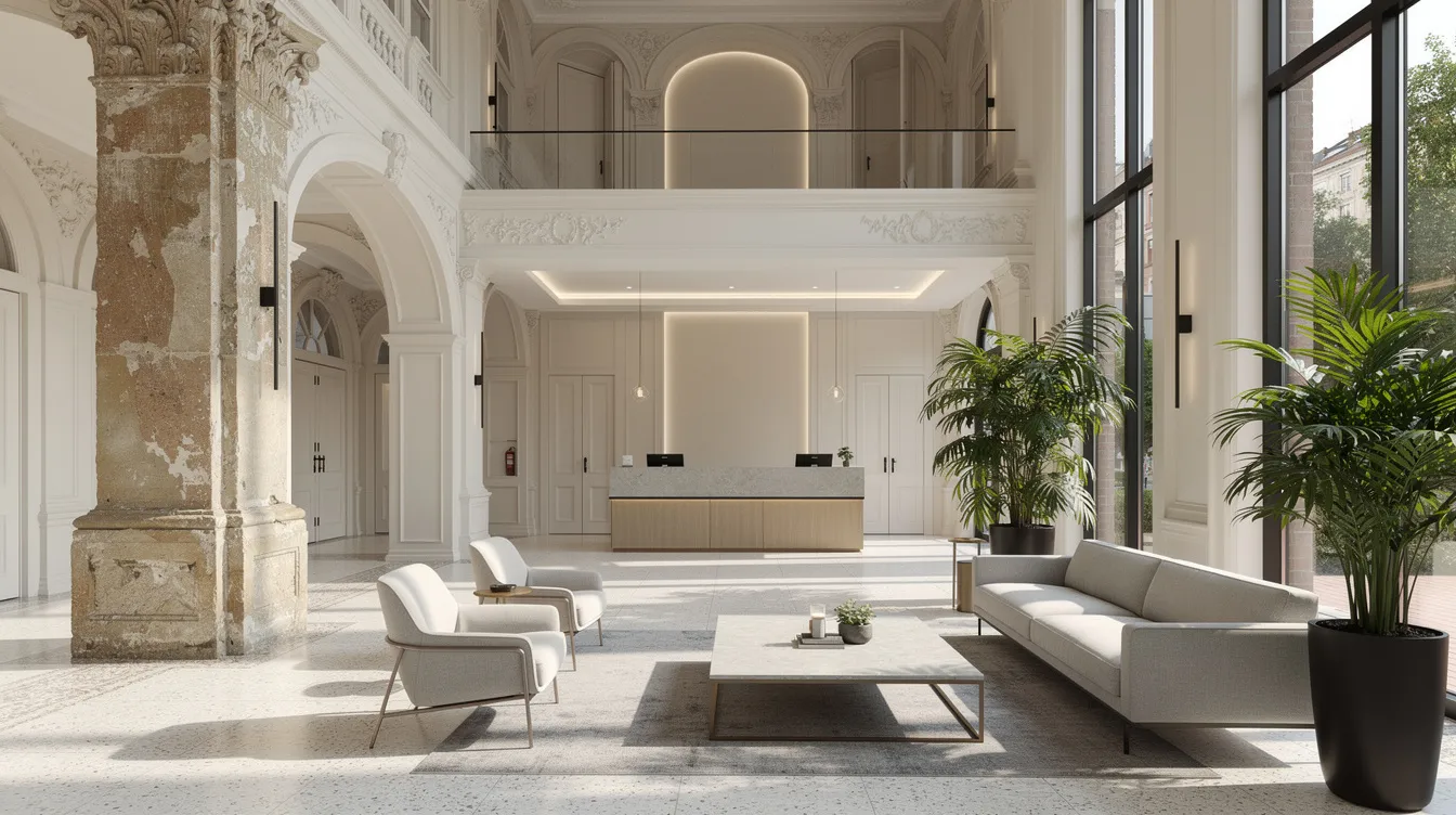 The image depicts a contemporary residential lobby featuring heritage architectural elements, bathed in natural light, that reflects modern luxury living. This inviting space is part of the Union Square Residences, strategically located near the vibrant lifestyle amenities of the central business district and close to cultural landmarks like Fort Canning Park.