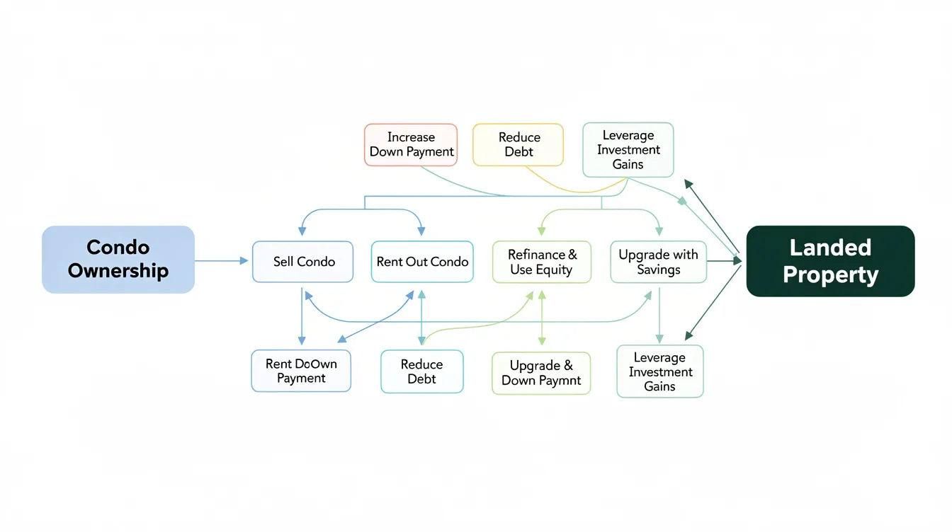 The flowchart illustrates various pathways from condo ownership to acquiring landed property, highlighting options like freehold landed homes and semi-detached houses. It emphasizes the importance of wealth preservation through strategic property purchases in the private real estate market, considering factors such as location and resale transactions.