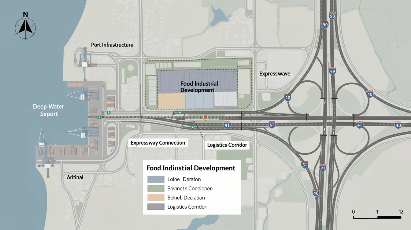 The image depicts a detailed map highlighting the strategic location of a food industrial development near the Tuas Mega Port and major expressways, emphasizing its close proximity to essential logistics and transportation links for food production and processing operations in Singapore. This site is ideal for food factory space and central kitchens, supporting growth and development in the sector.