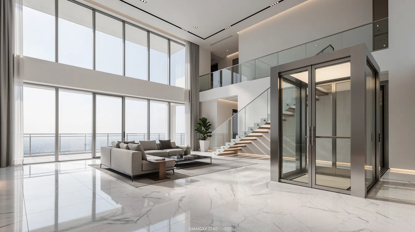 The image showcases the interior of a luxury terrace home featuring high ceilings and elegant marble flooring, complemented by a private home lift. This exquisite space is part of the Springleaf collection, emphasizing the sophistication and modern design of landed properties in established private estates.