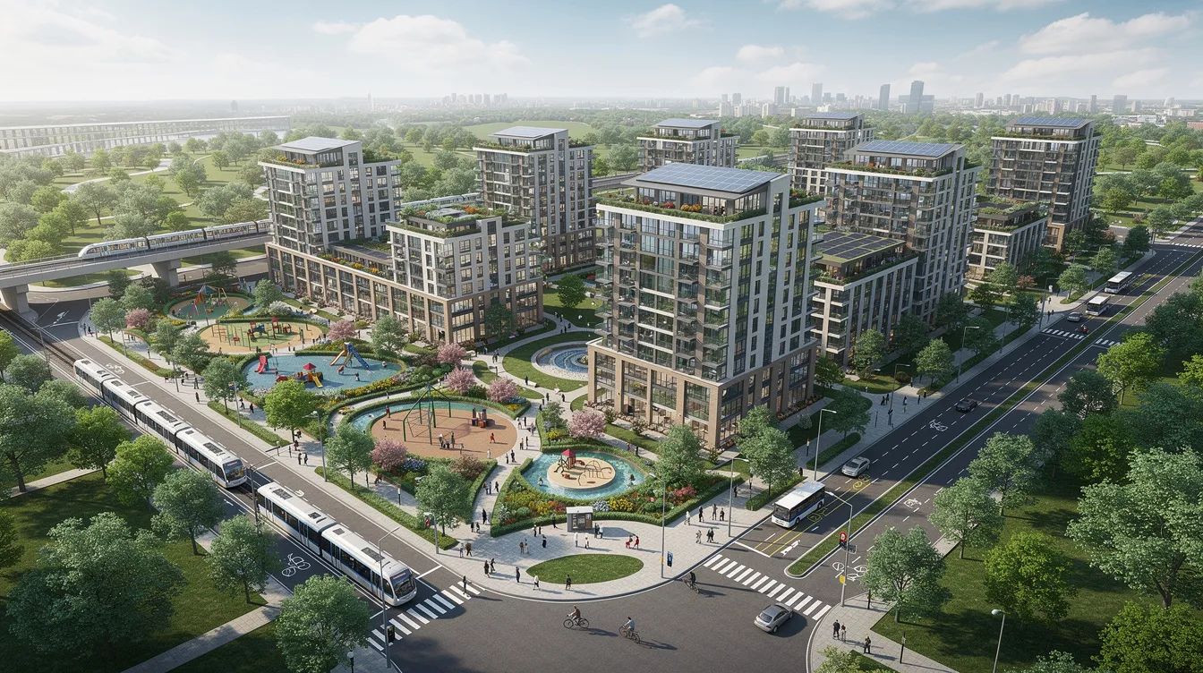 The image depicts an artist's rendering of the completed Tengah Garden Residences, showcasing modern residential towers surrounded by lush parks and well-planned transit infrastructure within the vibrant Jurong Lake District. This green township emphasizes a car-free town center, making it an ideal environment for families and prospective buyers interested in private condominiums in the Tengah new town.