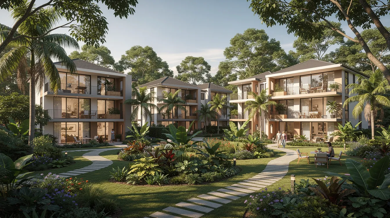 The image depicts a low-rise residential development, Dunearn House, nestled among lush greenery and tropical landscaping in a mature estate, reflecting a serene atmosphere ideal for private homes. This development is conveniently located near the Sixth Avenue MRT station and offers direct access to lifestyle destinations like Bukit Timah Turf City.