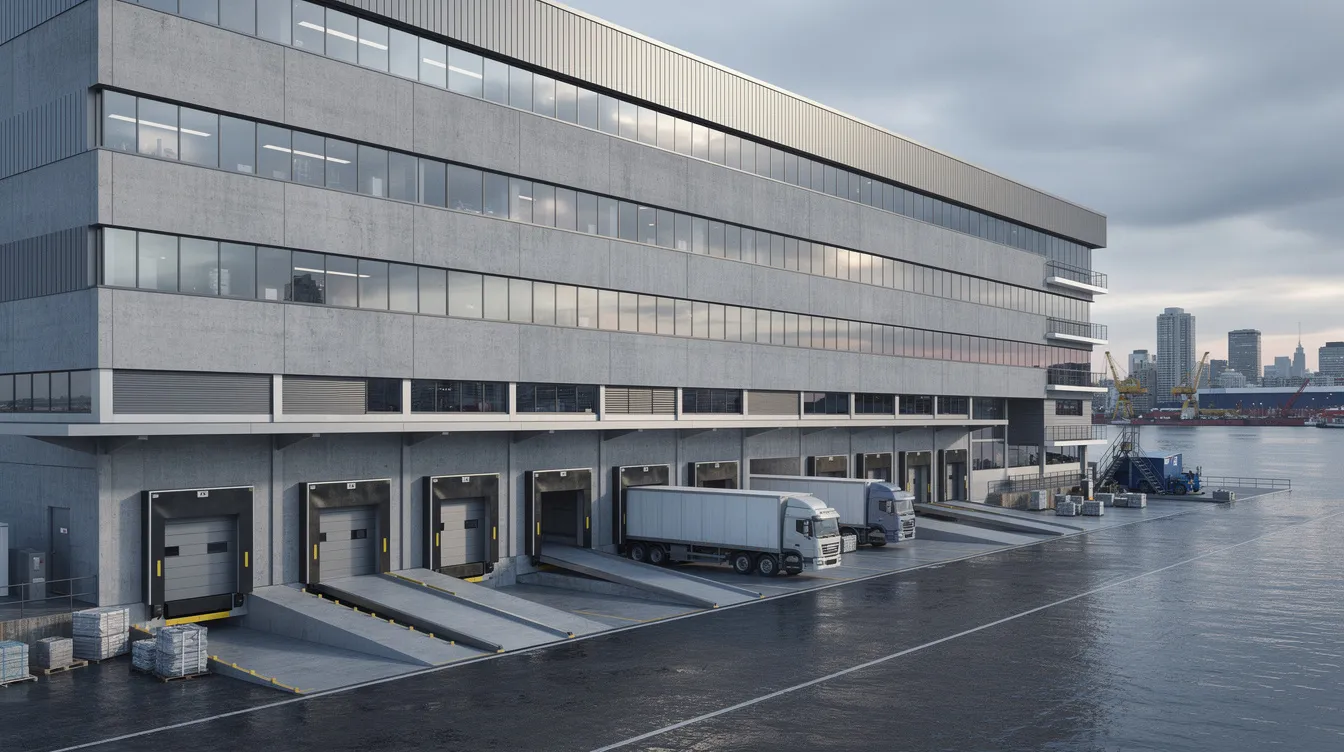 The image depicts the exterior of a multi-storey ramped industrial building, bustling with activity as trucks are stationed at loading docks near an urban waterfront. This scene reflects the strategic importance of industrial properties in the supply chain, highlighting the sustained demand and strong tenant interest in the industrial sector.