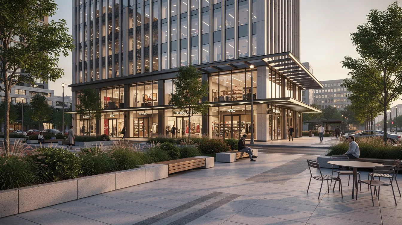 The image depicts a ground-level view of a modern mixed-use tower podium featuring retail storefronts and landscaped walkways, set within the vibrant Marina South precinct. This area, part of the urban redevelopment authority's plans, showcases commercial spaces designed to enhance community living near amenities like the Marina South MRT station and Gardens by the Bay.