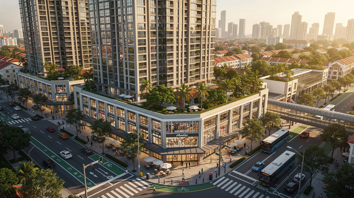 An aerial view of a vibrant mixed-use neighborhood in Singapore's city fringe showcases a blend of residential towers and ground-floor retail units, highlighting the strategic development incentive for urban redevelopment. The scene captures the essence of a lifestyle hub with commercial spaces, residential components, and easy access to the central business district and Singapore River precinct.