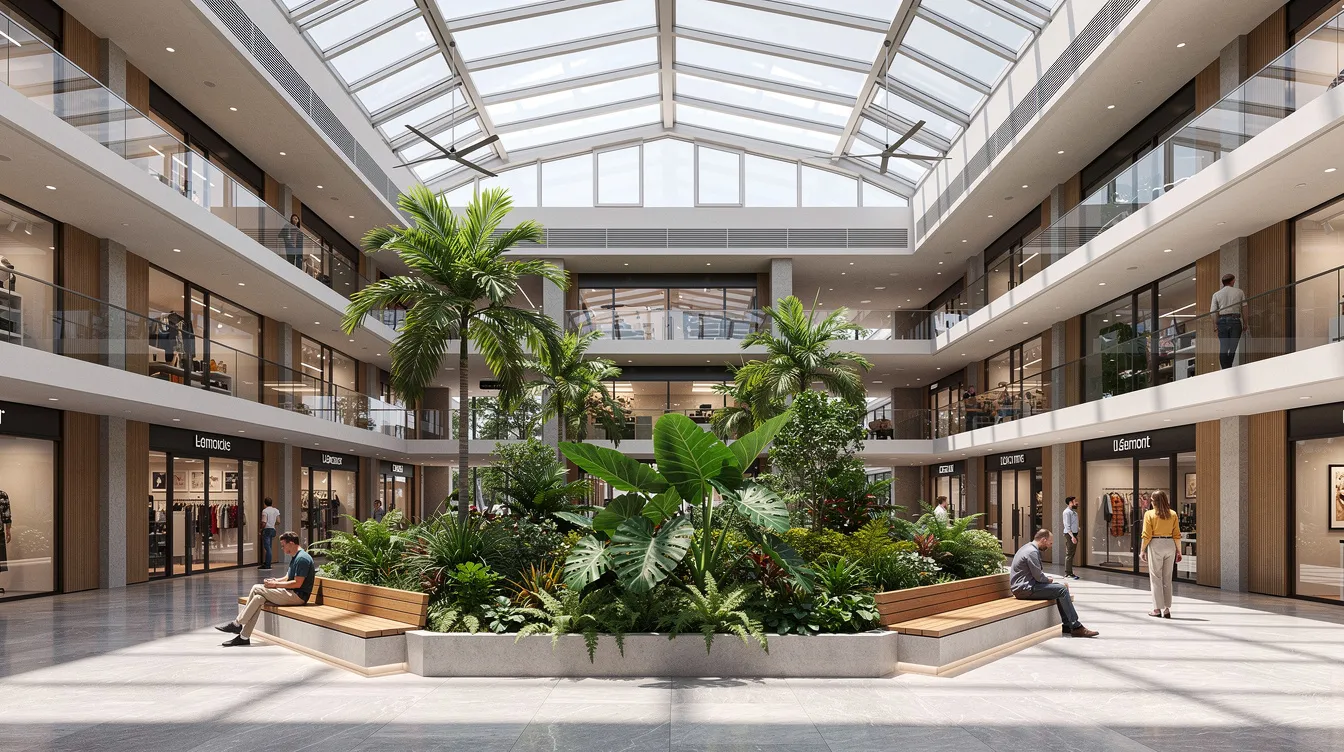 The image depicts the interior of a modern commercial building featuring a multi-level atrium filled with tropical plantings and designed for natural ventilation. This vibrant space showcases full-height windows that allow ample natural light, creating a serene atmosphere in the iconic Golden Mile Complex, a key mixed-use development in Singapore.