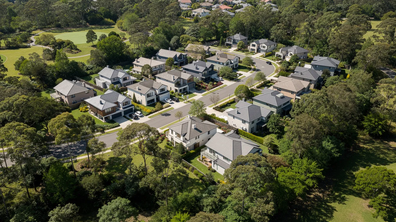 An aerial view captures a serene low-density landed enclave featuring semi-detached houses surrounded by lush, mature greenery and tranquil residential streets. This picturesque setting emphasizes the appeal of freehold landed property, highlighting its potential for wealth preservation and long-term value in the competitive Singapore real estate market.