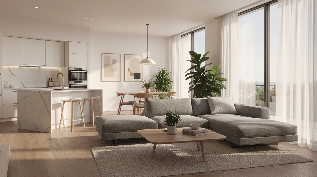 The image shows the interior of a modern apartment featuring an open layout filled with natural light, highlighting a stylish and contemporary design. This space embodies the essence of coastal living, making it an ideal choice for first-time buyers looking for a tranquil and inviting environment in a mixed-use development like Coastal Cabana EC.