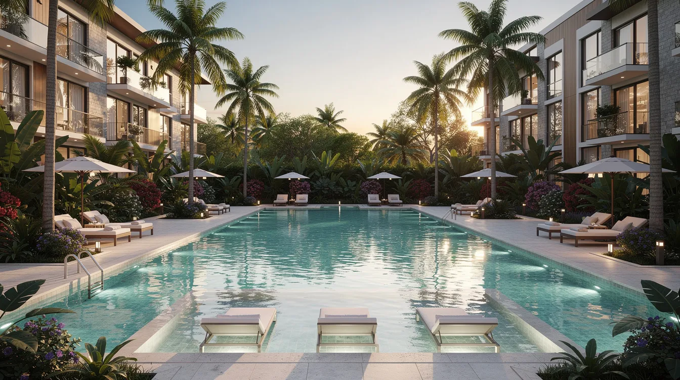 The image depicts a tropical resort-style swimming pool, surrounded by lush greenery and modern residential buildings, showcasing the serene lifestyle offered by the Lentor Gardens Residences. This inviting setting highlights the benefits of living in Singapore's premier new private enclave, perfect for families and young professionals seeking a tranquil retreat.