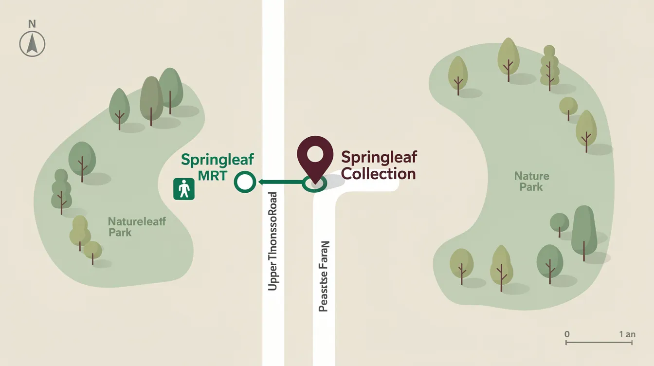 The image depicts a detailed map highlighting the Springleaf Collection's location in relation to Springleaf MRT Station, Upper Thomson Road, and nearby nature parks such as Springleaf Nature Park and Windsor Nature Park, illustrating the accessibility and advantages of this landed property in District 26. The map emphasizes the proximity to major expressways and the upcoming North South Corridor, making it an attractive option for buyers seeking a new launch in a well-established neighborhood.