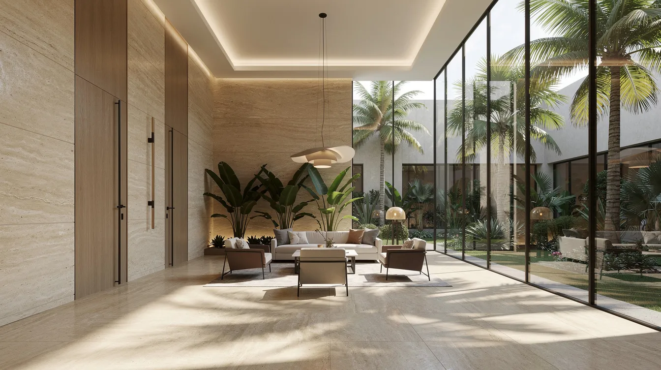 The image depicts an elegant residential lobby featuring natural stone finishes and expansive floor-to-ceiling windows that provide a stunning view of a lush tropical garden courtyard. This luxurious space reflects modern living in the Holland area, close to amenities like Holland Village MRT station and reputable schools such as Henry Park Primary School.