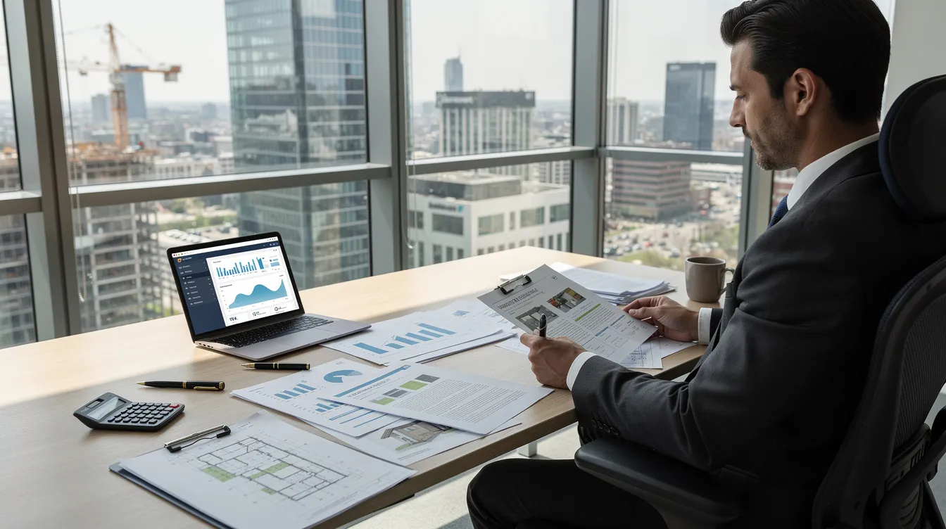 A professional is intently reviewing financial documents and property plans on a desk, with a vibrant cityscape visible through large windows. This scene reflects the dynamic nature of Singapore's business landscape, highlighting the importance of understanding factors like buyer's stamp duty and capital appreciation for local and foreign investors in both commercial and residential properties.