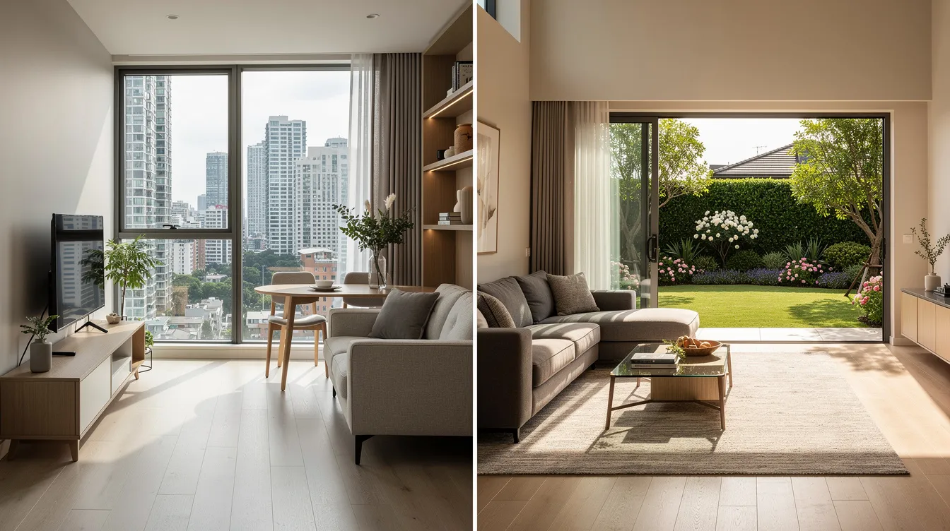 The image features a side-by-side comparison of a compact condo interior on one side and a spacious landed home living area with expansive garden views on the other. This visual highlights the differences in space and ambiance, showcasing the appeal of freehold landed properties like those found in Villa Natura for long-term value and wealth preservation.
