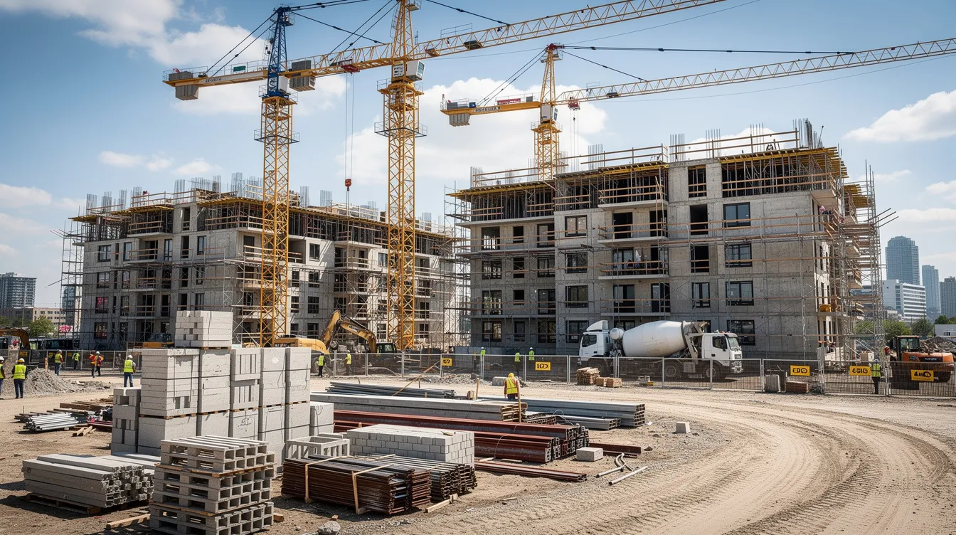 The image depicts a bustling construction site for a large residential development, featuring multiple cranes and several partially completed buildings. This site is likely part of the Rivelle Tampines EC project, situated near the Tampines West MRT station, showcasing the ongoing transformation of the area into a vibrant community with modern amenities.