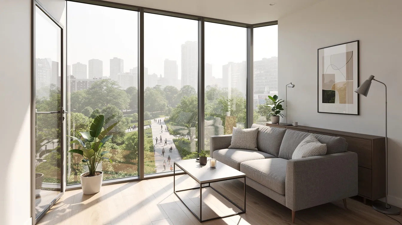 The image depicts the interior of a modern compact apartment featuring floor-to-ceiling windows that provide a breathtaking view of the urban skyline, with lush greenery visible below. This space exemplifies urban living in a prime district, reflecting the contemporary design and lifestyle associated with developments like the collective at one sophia.