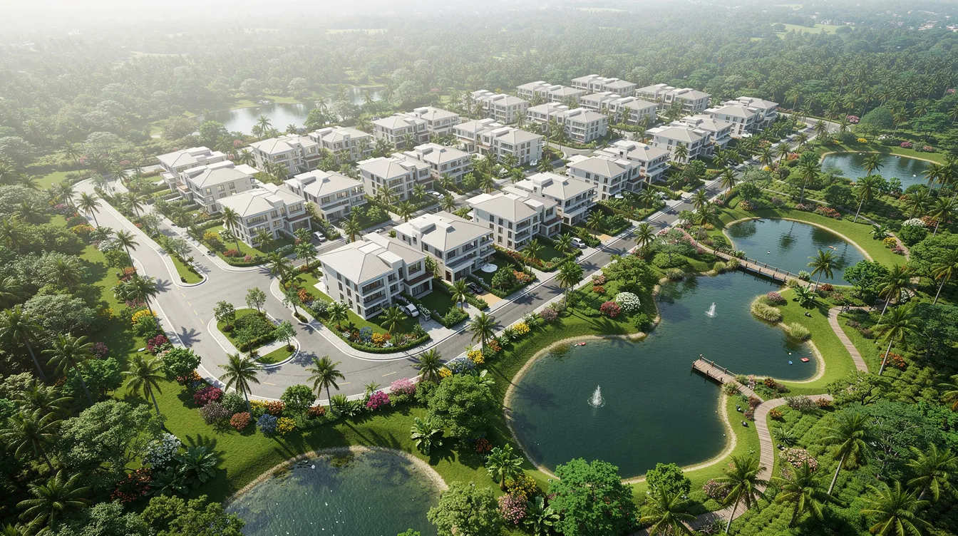 An aerial view showcases the new Tengah Garden Residences, a private residential project nestled in a lush tropical setting, surrounded by greenery and tranquil ponds. This development, part of the Jurong Lake District, features various unit types including three and four-bedroom units, catering to young families and prospective buyers.