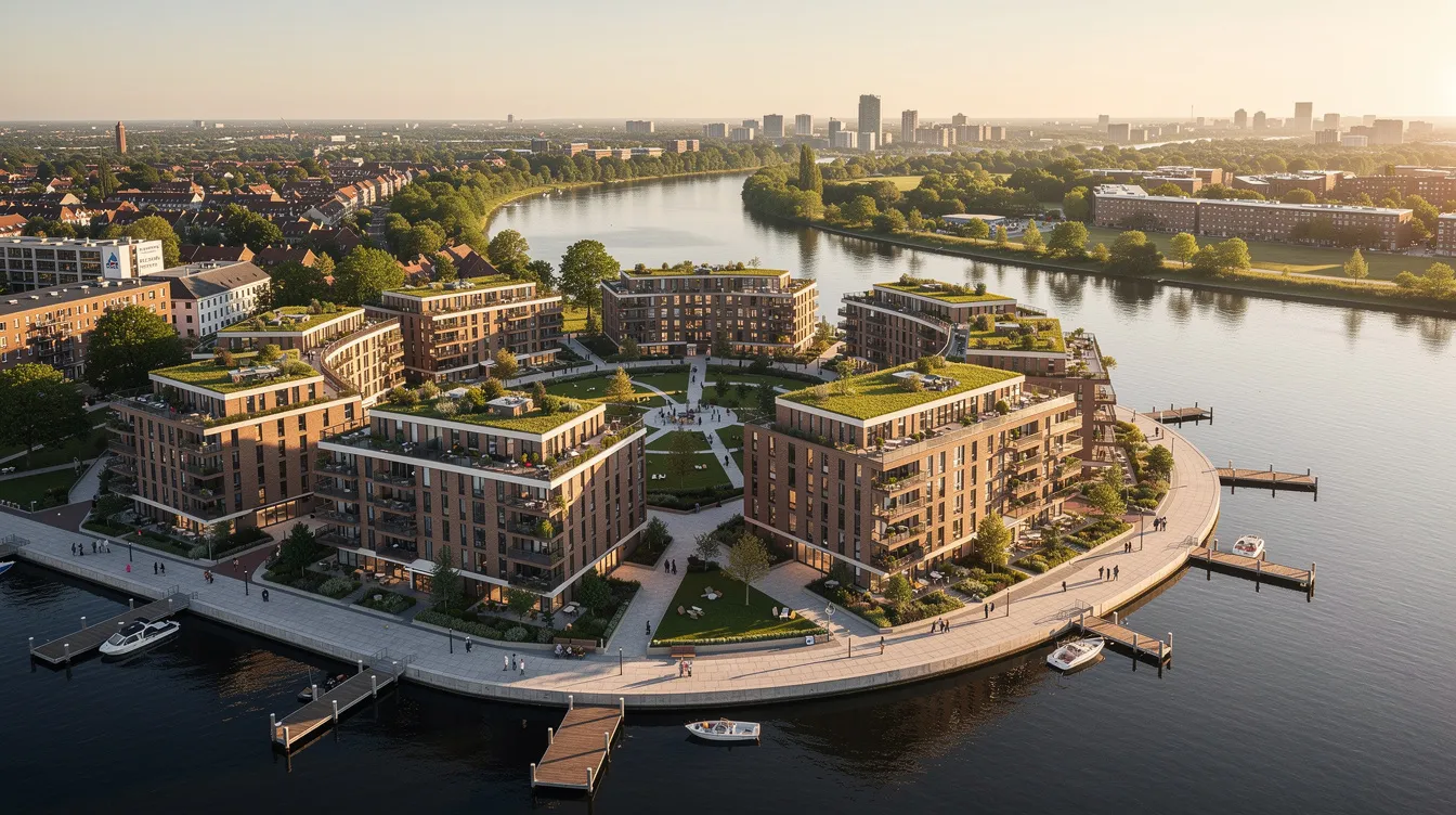 An aerial view showcases a low-rise waterfront residential development, featuring lush rooftop gardens and a gentle bend of the Singapore River. This prime location near Robertson Quay highlights the seamless blend of urban living and nature, offering a tranquil sanctuary for residents.