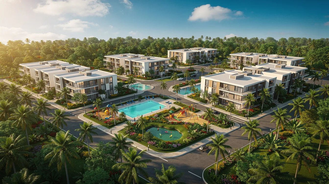 An aerial view captures the modern residential estate of Lentor Gardens Residences, nestled among lush parks and greenery in a tropical setting, showcasing the harmony of contemporary living within nature. This vibrant community offers families and property investors alike a serene environment, making it a standout choice in Singapore's premier new private enclave.