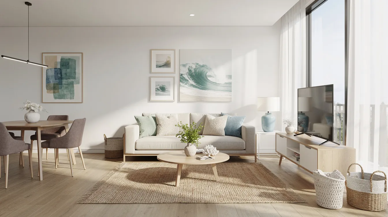 The image depicts a modern showflat interior featuring contemporary furnishings with a coastal-themed design, embodying the essence of coastal living. This stylish space reflects the ideal lifestyle offerings of the Coastal Cabana EC, strategically positioned near Pasir Ris beach and MRT station, appealing to first-time buyers and nature lovers alike.