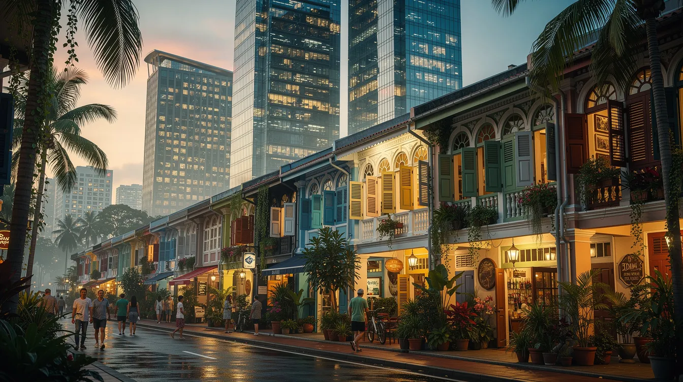 A tropical heritage shophouse street is illuminated by warm lighting at dusk, surrounded by lush greenery, with a modern skyline featuring Marina Bay Sands and the Singapore skyline in the background. This vibrant scene captures the blend of traditional and contemporary elements, highlighting the central location near Beach Road and the bustling atmosphere of the city.