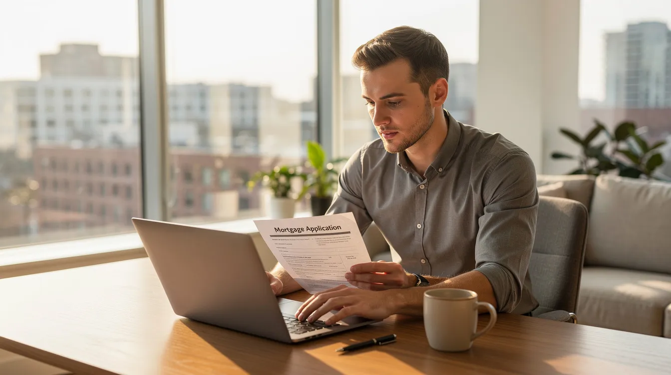 A young professional is seated at a sleek desk in a modern apartment, intently reviewing a mortgage application on a laptop. The scene reflects a focus on legal ownership and financial planning, possibly related to Singapore residential property and estate planning purposes.