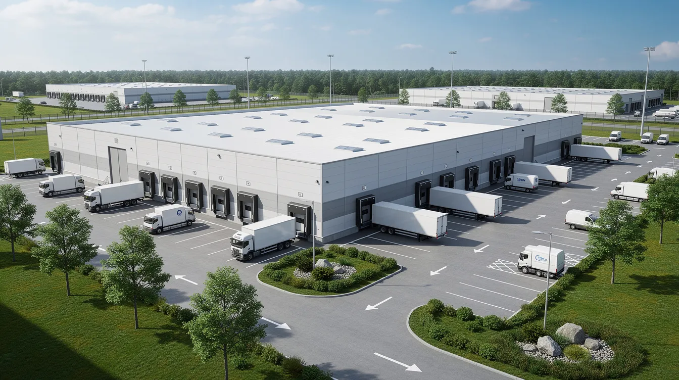 The image depicts a modern industrial warehouse complex featuring multiple loading docks, surrounded by lush greenery that enhances the environment. This setting can symbolize the importance of efficient cash flow and strategic refinancing options for businesses, especially in varying interest rate environments.