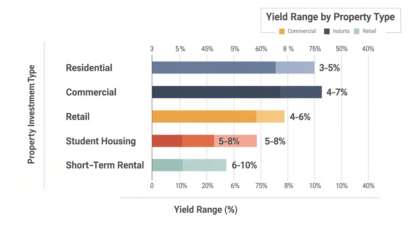 The image depicts a comparison chart illustrating the yield ranges of various property investment types, including real estate investment trusts (REITs) and direct property ownership. It highlights the differences in rental income potential, capital gains, and tax benefits associated with income-generating real estate in the Singapore property market.
