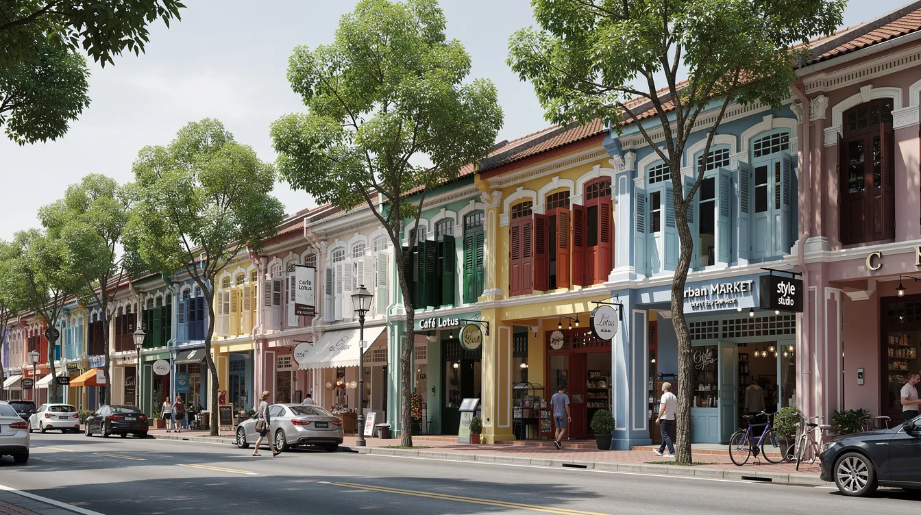 The image depicts a row of colorful shophouses along a tree-lined street, showcasing various commercial signage that indicates a mix of businesses. This vibrant scene highlights the potential for investment in commercial property, particularly for those interested in buying commercial property in a prime location.