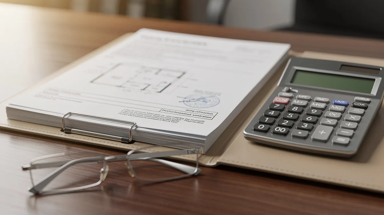 The image features a legal document folder containing property papers, a calculator, and reading glasses placed on a desk, suggesting a focus on the sale and purchase agreement for a residential property. This setup may indicate discussions about seller's stamp duty and the market value of properties acquired.