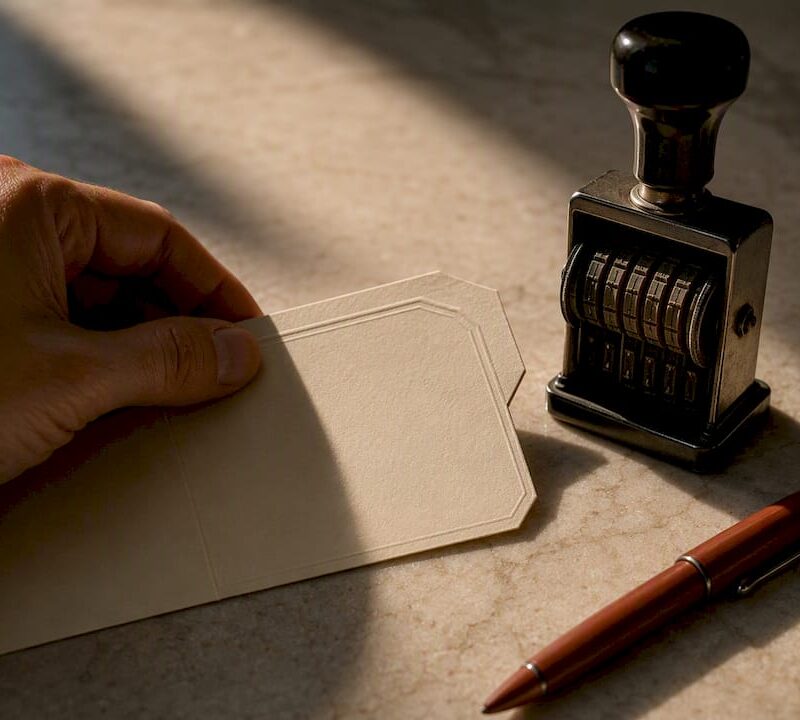Close-up of property stamp certificate review