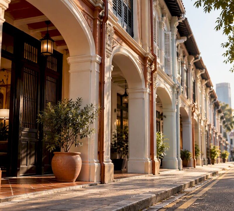 Conserved Singapore shophouses along an urban street
