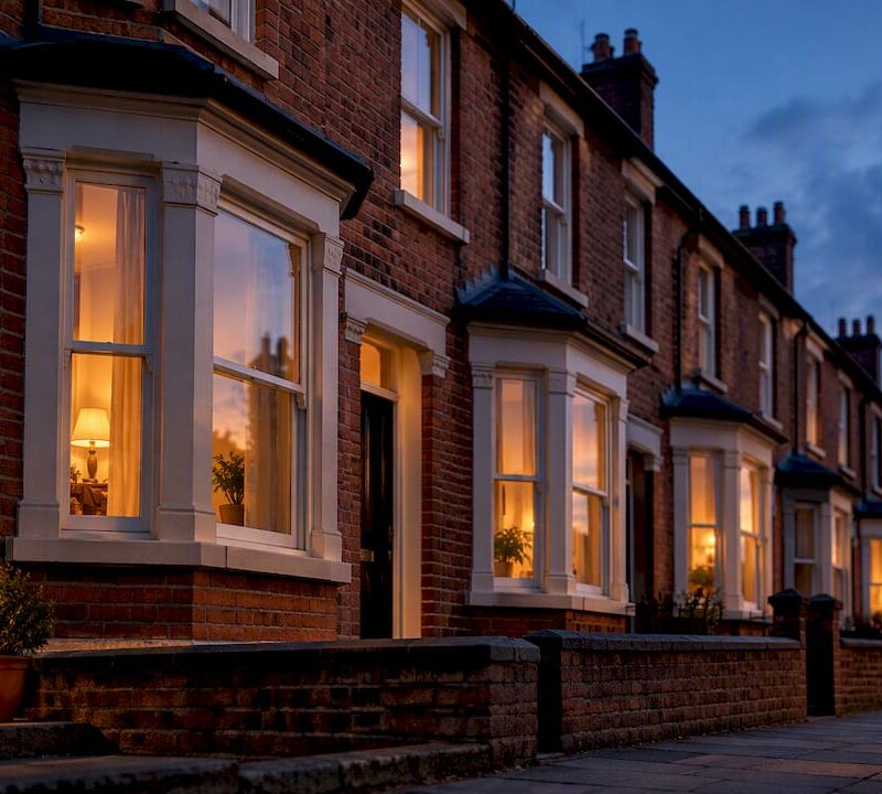Anonymous UK terrace housing at blue hour