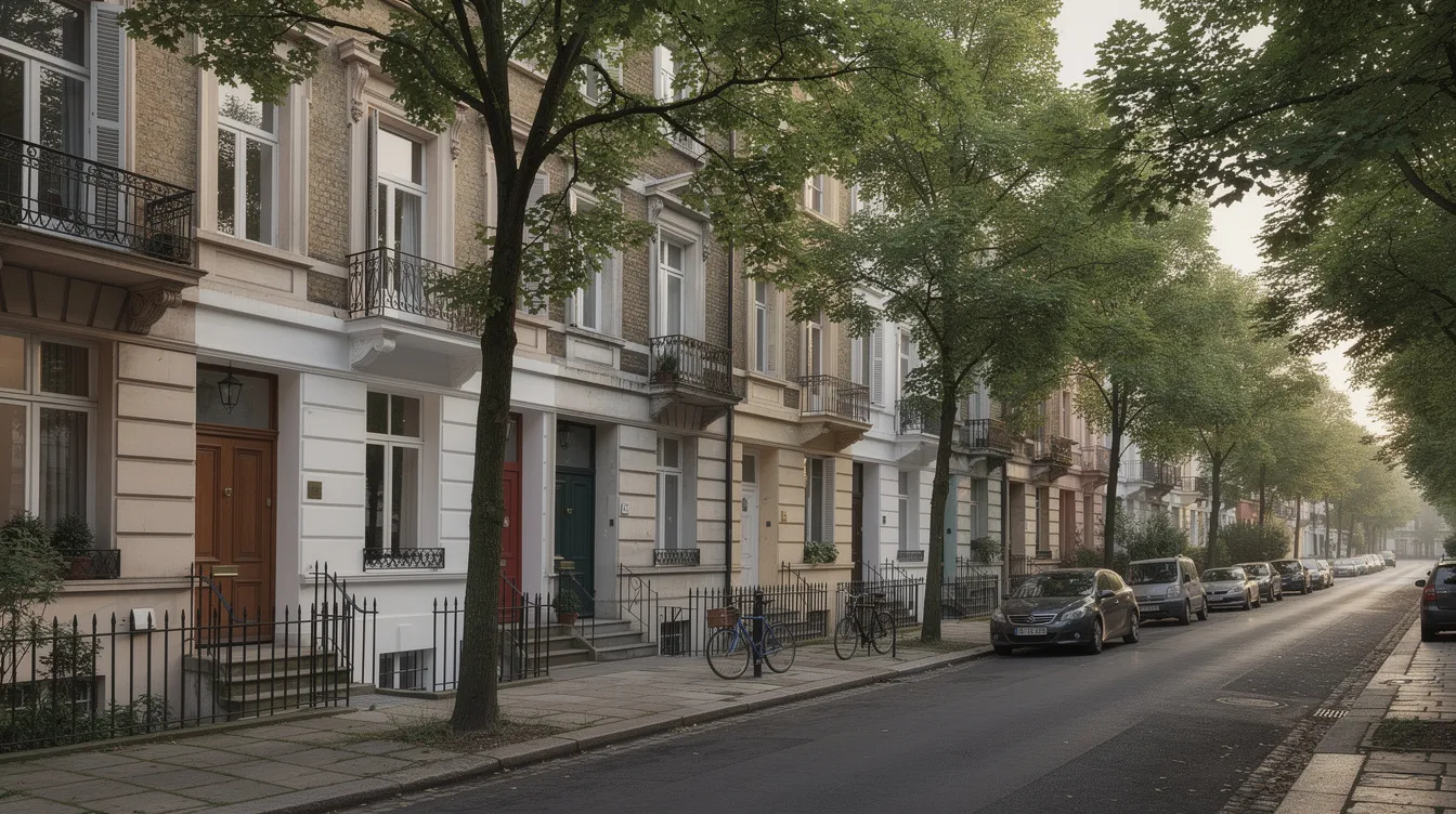 The image depicts a charming row of terrace houses lining a tree-shaded residential street in a picturesque European city, showcasing various architectural styles and colors. These homes are ideal for foreign buyers considering overseas property investments, highlighting the importance of understanding currency risk and potential property taxes associated with purchasing real estate in a different country.