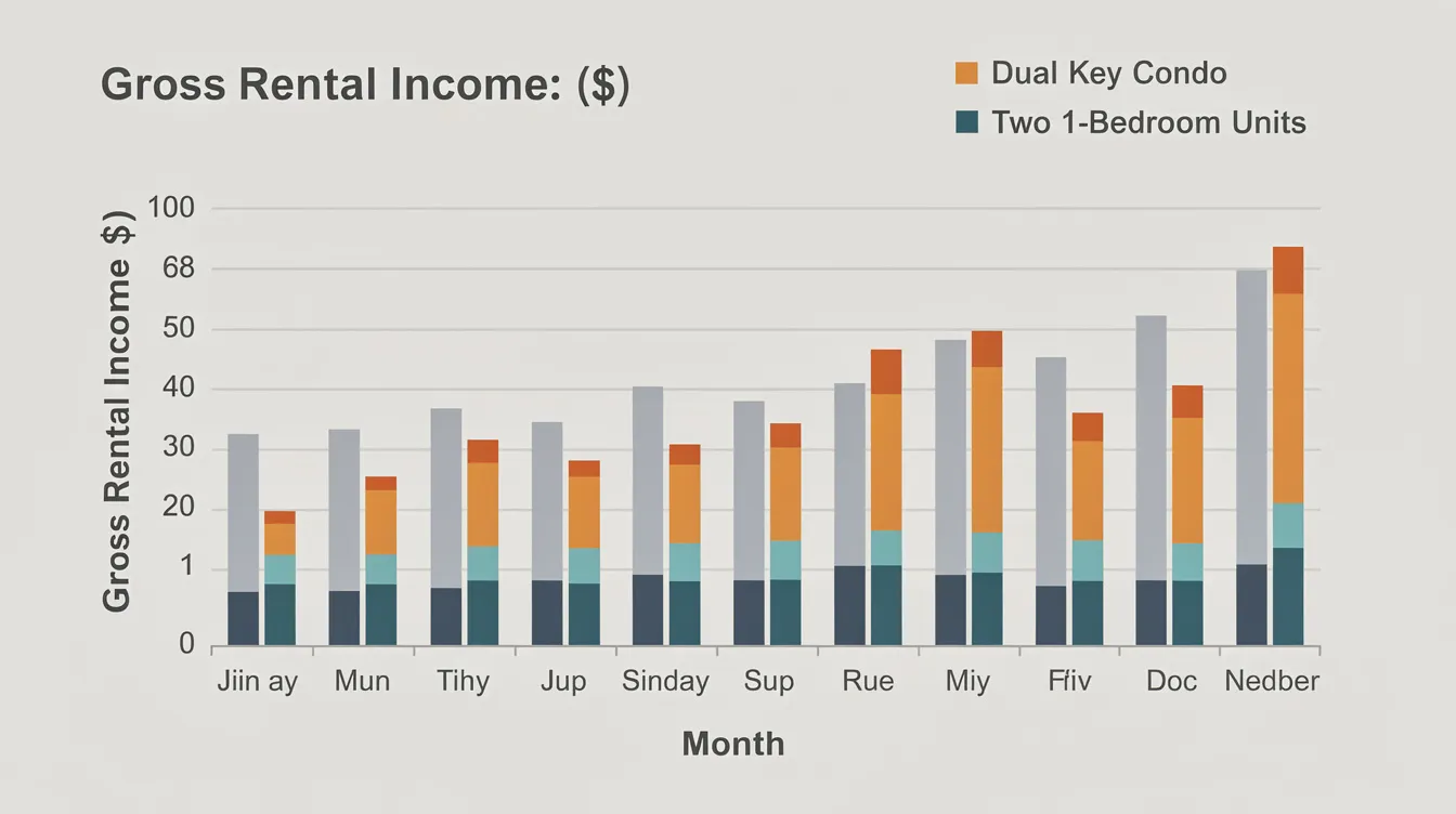 The image features a bar chart comparing the monthly gross rental income generated by a dual key condo unit against two separate one-bedroom units. The chart visually illustrates how dual key units offer a unique layout and the potential for better cash flow, making them an attractive option for property investors considering rental yield and overall investment strategy.