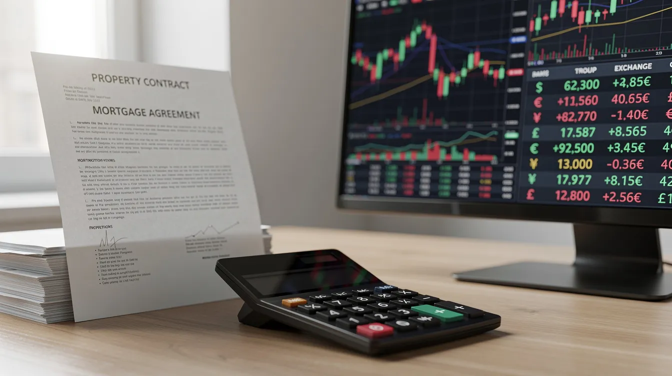 The image features financial charts and various currency symbols displayed on a screen, accompanied by a calculator and property documents. This setup suggests a focus on managing currency risk and understanding the implications of overseas property investment, including aspects like personal income tax and capital gains tax.