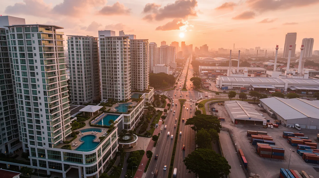 An aerial view captures Singapore's residential condominiums bathed in the warm glow of golden hour, juxtaposed against a bustling industrial district. This scene highlights the important exchange between urban living and industrial work, offering buyers a range of options in the real estate market.