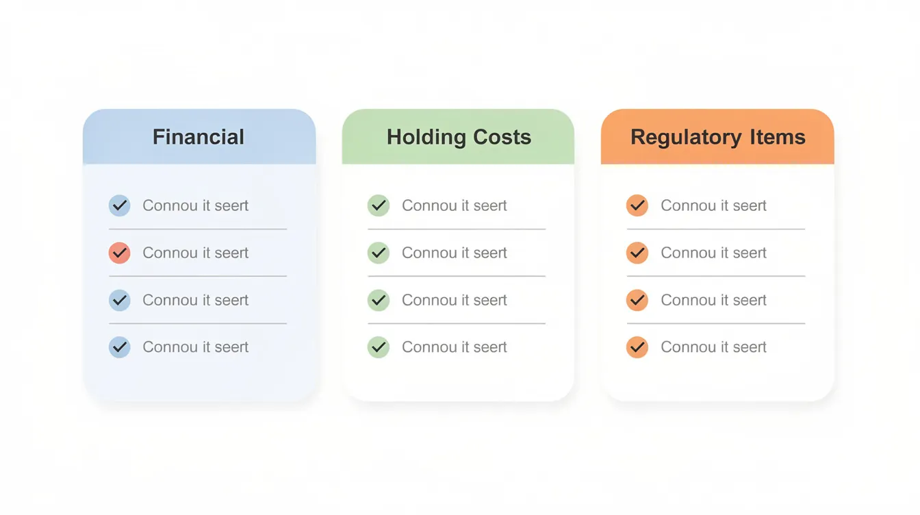 The image features a clean checklist graphic divided into three categories: financial, holding costs, and regulatory items, essential for individuals looking to buy private property in Singapore. It highlights important considerations such as down payment, buyer's stamp duty, and loan eligibility, which are crucial for managing property purchases and ownership.