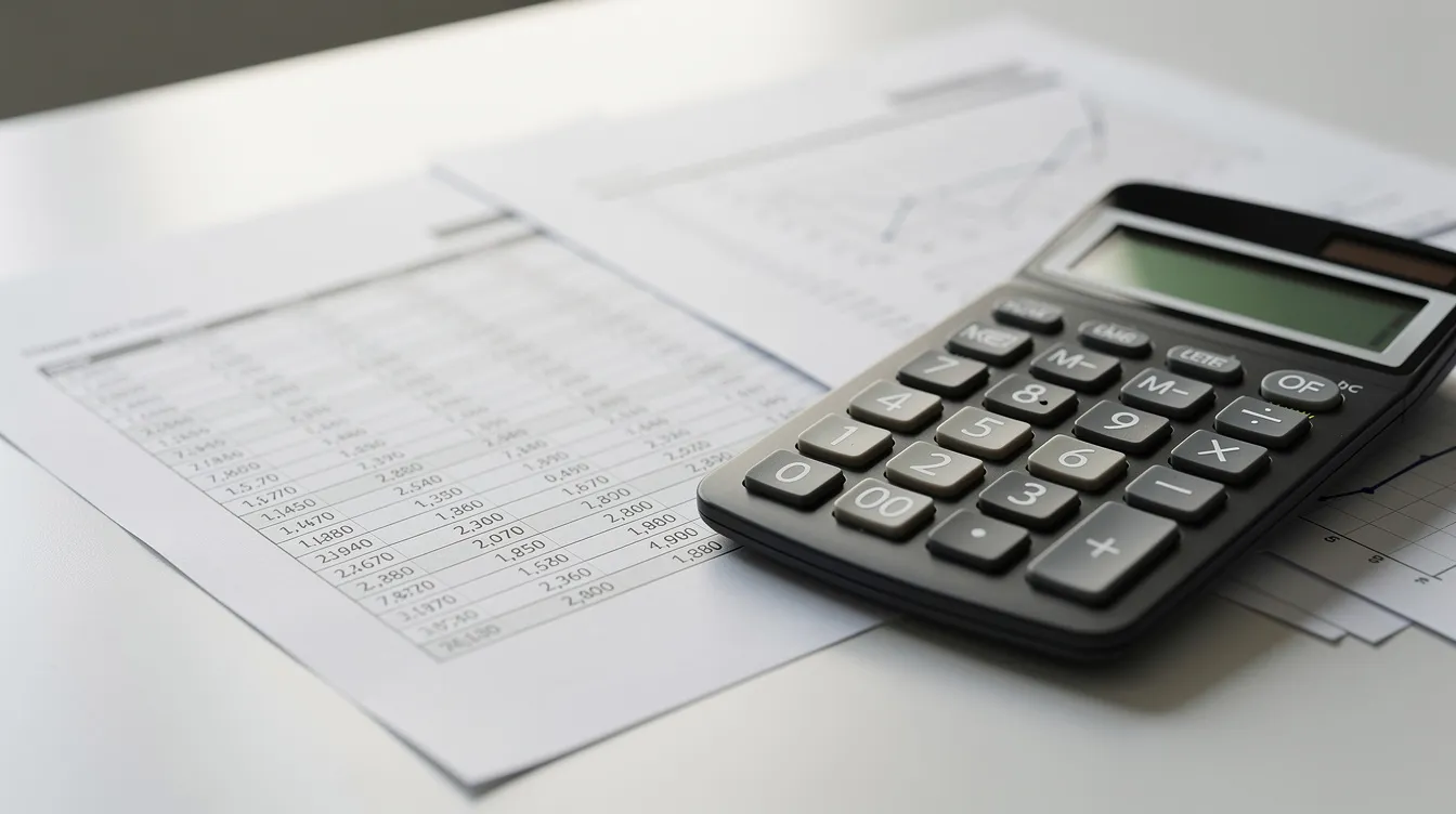 A close-up view of a calculator resting next to various financial documents on an office desk, illustrating the meticulous planning involved in buying commercial property under a private limited company structure. The scene emphasizes the importance of financial strategies, including loan structures and investment planning for potential buyers and investors.