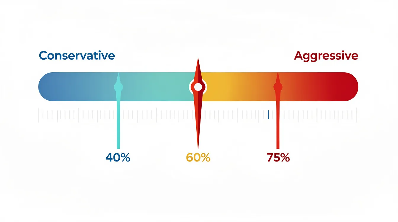 The image depicts a spectrum dial illustrating various gearing levels, ranging from conservative to aggressive, with specific markers indicating 40%, 60%, and 75%. This visual representation can help potential property buyers in Singapore understand the financial implications of purchasing private residential properties, including factors like loan to value ratios and monthly mortgage payments.