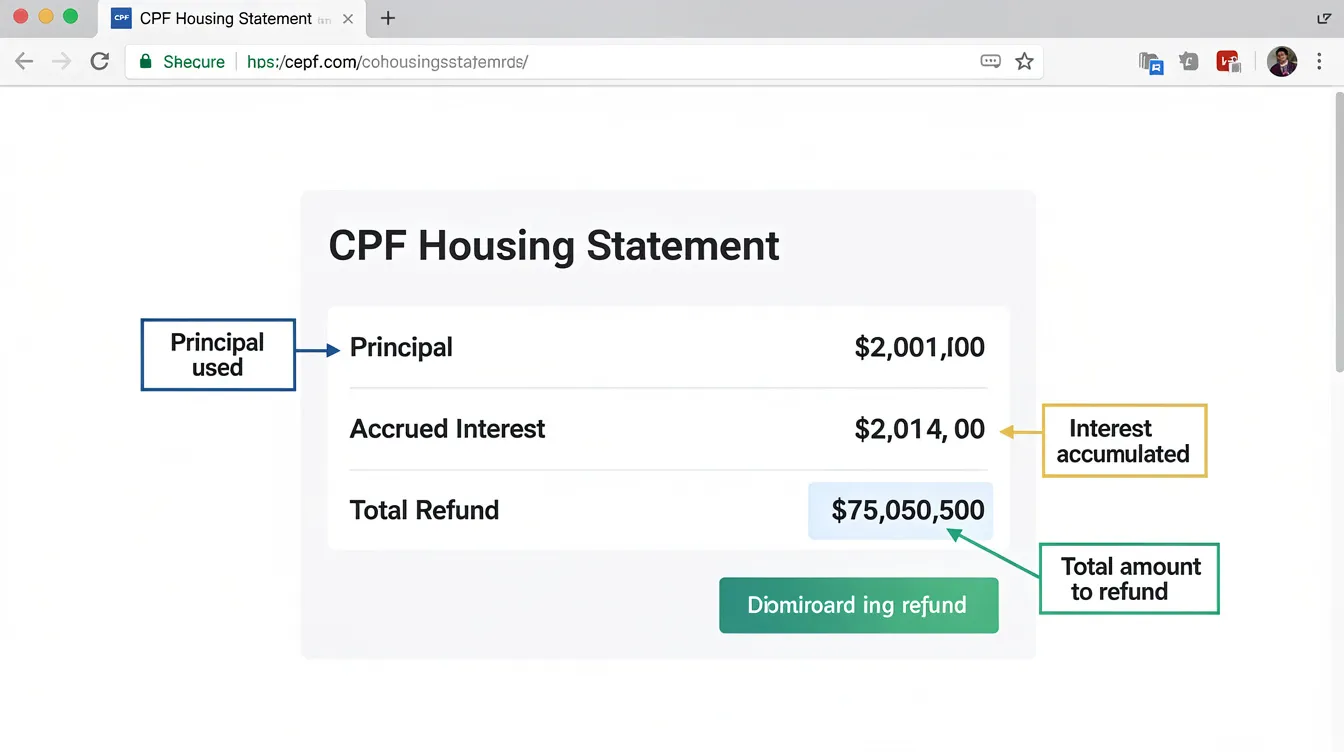The image displays an annotated screenshot of a CPF housing statement, highlighting key fields such as principal amount, accrued interest, and total refund amount. This statement provides essential information regarding CPF savings used for property purchases, including details on how CPF accrued interest may affect the refund when selling your property.
