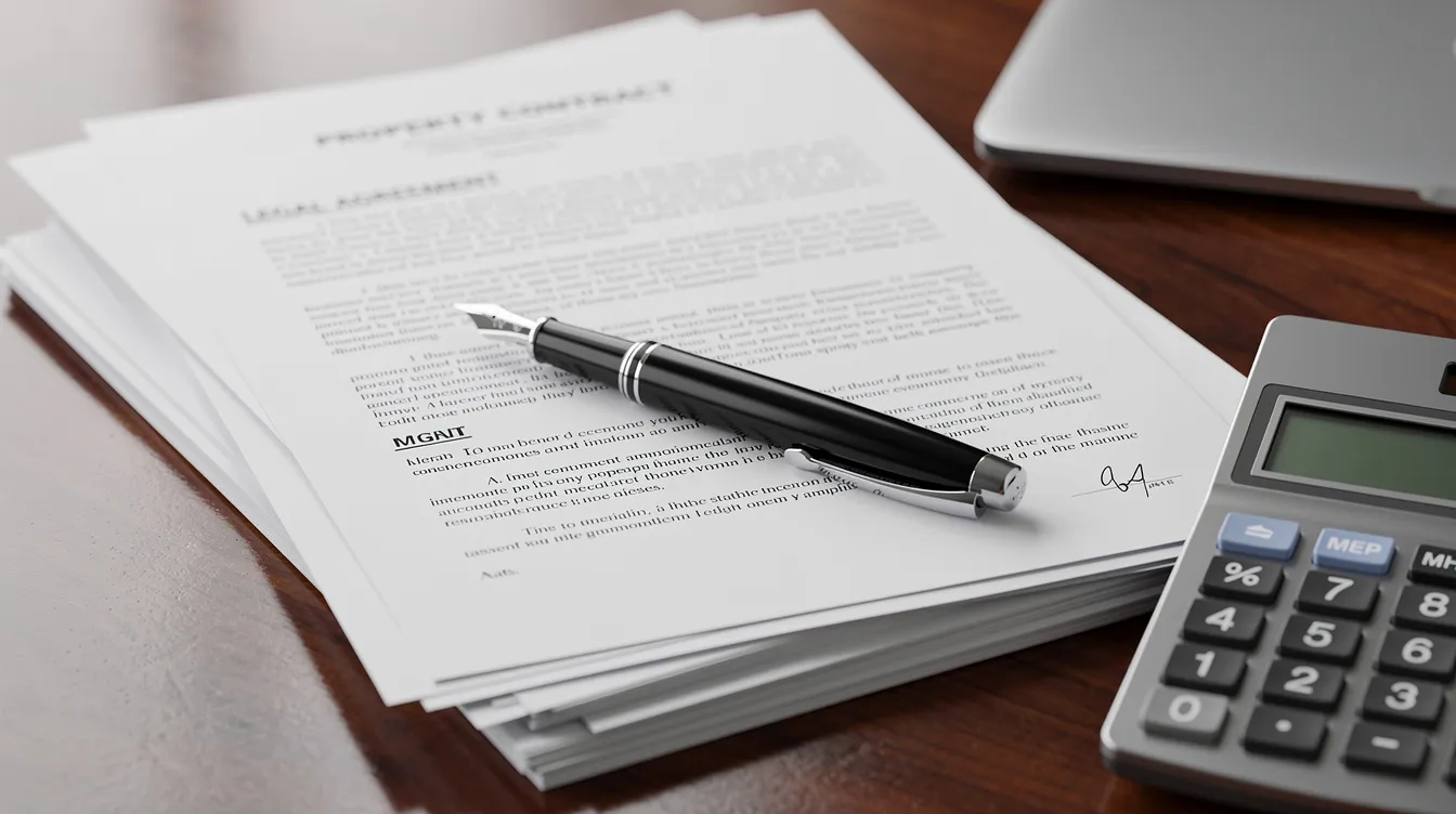 A stack of legal documents and property contracts is neatly arranged on an office desk, accompanied by a pen and a calculator, symbolizing the complexities of the conveyancing process for purchasing private property in Singapore. These documents may include purchase agreements, legal fees, and details regarding buyer's stamp duty, essential for navigating the property transaction.
