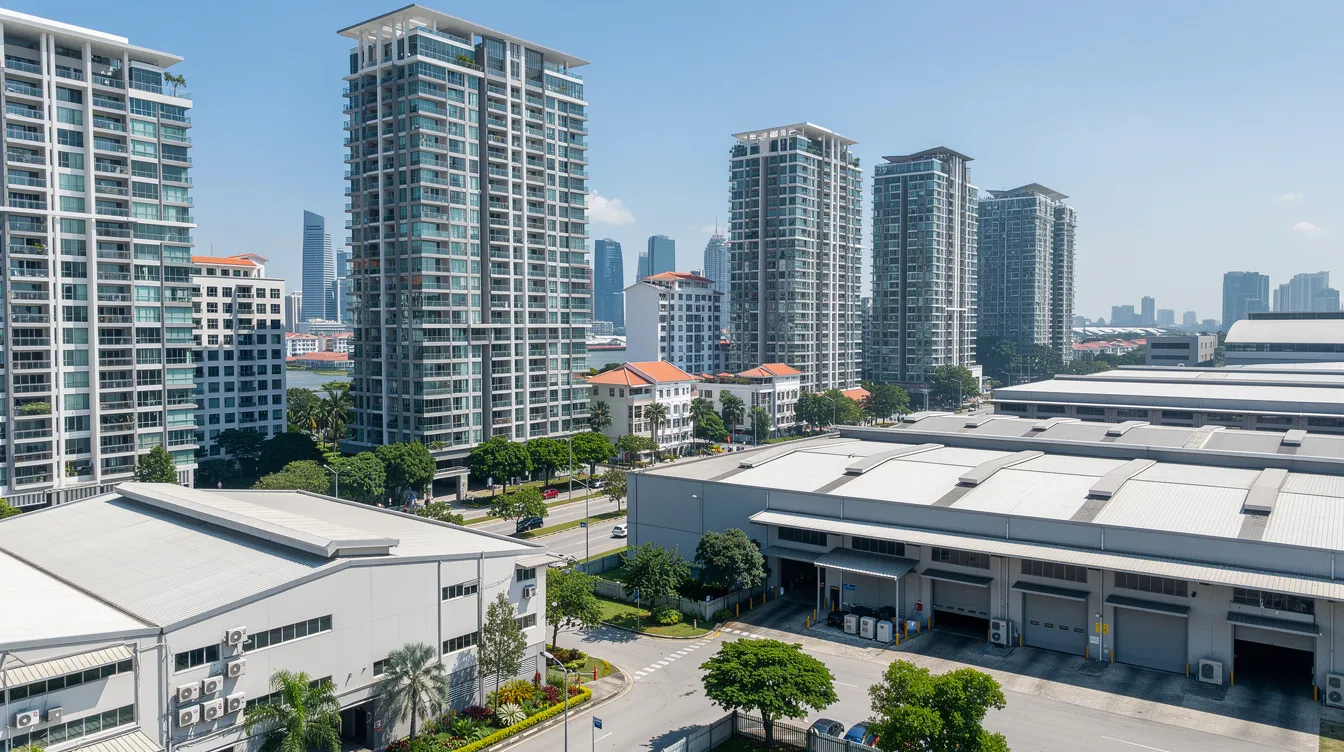The image depicts the modern skyline of Singapore, showcasing a blend of sleek residential condominiums alongside low-rise industrial buildings, all set against a clear blue sky. This vibrant urban landscape highlights the dynamic real estate market where buyers and sellers navigate various options and prices.