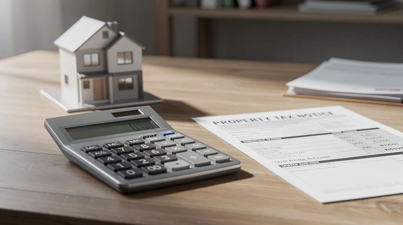 The image features a calculator and a property tax notice placed on a desk, alongside a miniature model of a building, symbolizing the financial considerations involved in property ownership, such as managing holding costs and property tax rates for informed financial decisions by property investors.