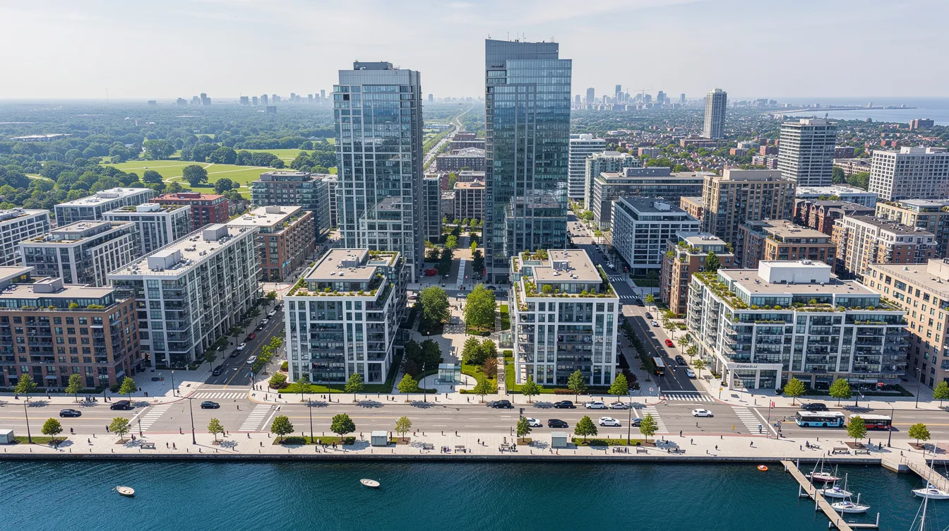 An aerial view showcases a vibrant modern cityscape, featuring a mix of residential and commercial buildings along a picturesque waterfront. This bustling urban environment highlights the potential for overseas property investment, where understanding currency risk and managing exchange rates can significantly impact personal income tax and capital gains tax for foreign buyers.